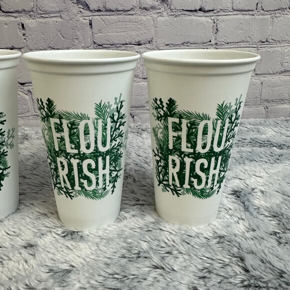 Set of 4 Starbucks Flourish White Green Plastic 16oz Reusable Coffee Cups - Picture 7 of 8